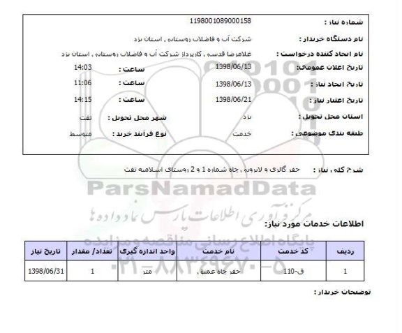 استعلام حفر گالری و لایروبی چاه شماره 1 و 2 روستای اسلامیه تفت 