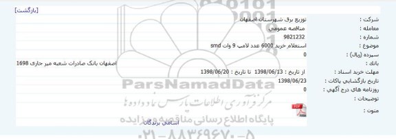 استعلام, استعلام خرید 6000 عدد لامپ 9 وات SMD