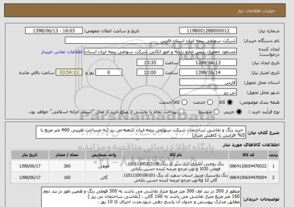 استعلام  خرید رنگ و نقاشی ساختمان شرکت سهامی بیمه ایران شعبه نی ریز (به مساحت تقریبی 460 متر مربع با 5% افزایش یا کاهش متراژ) 