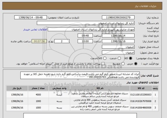 استعلام ایران کد مشابه است-منظور کیلو گرم می باشد-قیمت براساس کیلو گرم داده شود-هزینه حمل کالا بر عهده فروشنده می باشد-هماهنگی 09134043703