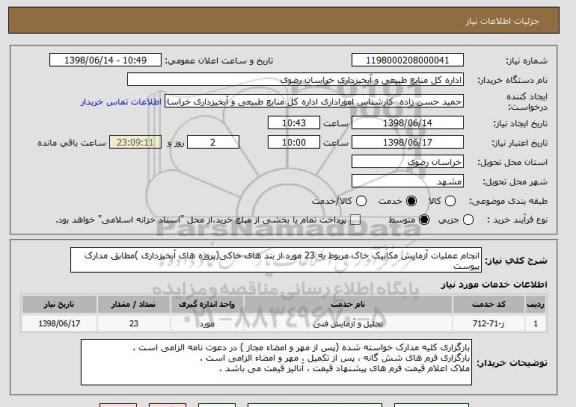 استعلام انجام عملیات آزمایش مکانیک خاک مربوط به 23 مورد از بند های خاکی(پروژه های آبخیزداری )مطابق مدارک پیوست 