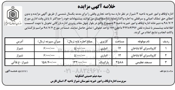 مزایده, مزایده سه واحد تجاری