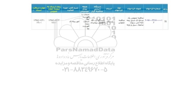 مناقصه, مناقصه صدوق بیمه نامه آتش سوزی