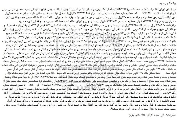 مزایده، مزایده فروش پلاک ثبتی 873 فرعی از 31 اصلی 