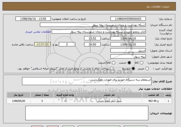 استعلام استعلام سه دستگاه خودرو برای امورات دهگردشی