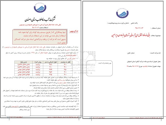 استعلام, استعلام باقی مانده خط انتقال طرح آبرسانی ...