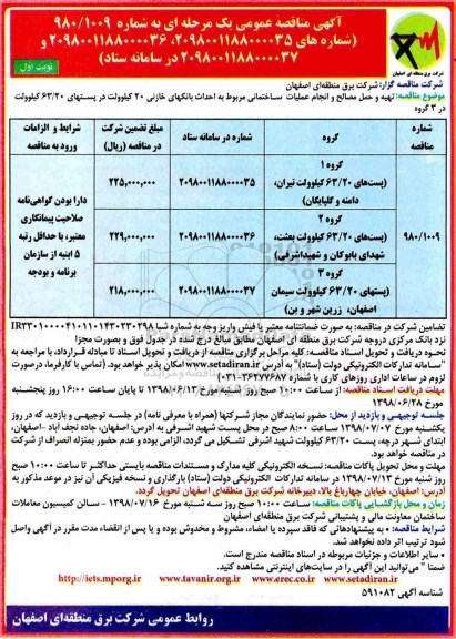 آگهی مناقصه عمومی , مناقصه تهیه و حمل مصالح و انجام عملیات ساختمانی
