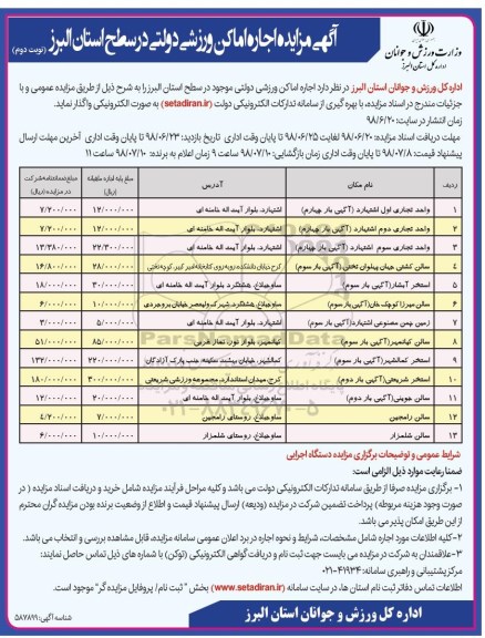 مزایده , مزایده اجاره اماکن ورزشی دولتی - نوبت  دوم 