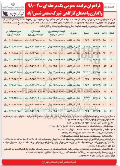 فراخوان مزایده عمومی ، مزایده واگذاری واحدهای کارگاهی - نوبت دوئم