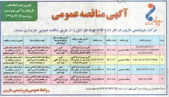 آگهی مناقصه عمومی , مناقصه MANGIAROTTI EXTHYLENEVAPORIZER EXCHANGER...- نوبت دوم