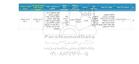 مناقصه  انجام خدمات تهیه مواد اولیه طبخ و توزیع غذای دانشجویی 