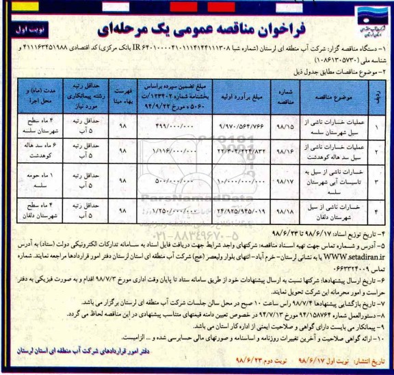 فراخوان مناقصه عمومی ، مناقصه عملیات خسارات ناشی از سیل