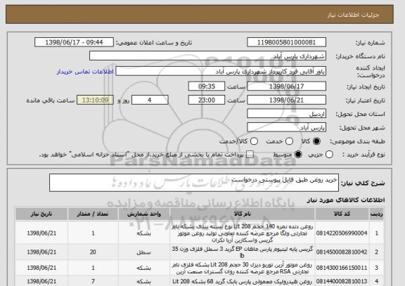 استعلام خرید روغن طبق فایل پیوستی درخواست