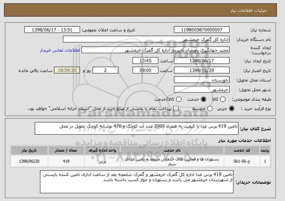 استعلام تامین 419 پرس غذا با کیفیت به همراه 2000 عدد آب کوچک و 470 نوشابه کوچک تحویل در محل