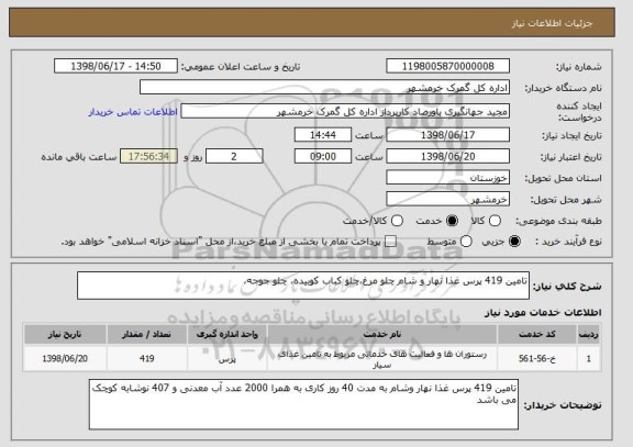 استعلام تامین 419 پرس غذا نهار و شام چلو مرغ،چلو کباب کوبیده، چلو جوجه، 