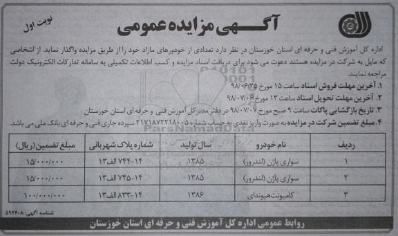 مزایده, مزایده فروش تعدادی از خودروهای مازاد 