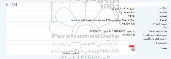 مناقصه, مناقصه اصلاح و بهینه سازی شبکه فشار متوسط بصورت کلید در دست 