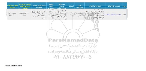مناقصه , مناقصه خدمات طبخ و توزیع غذای بیمارستان