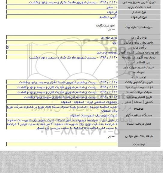 تمدید مناقصه توسعه، احداث و بهینه سازی شبکه های توزیع در محدوده شرکت توزیع برق اصفهان