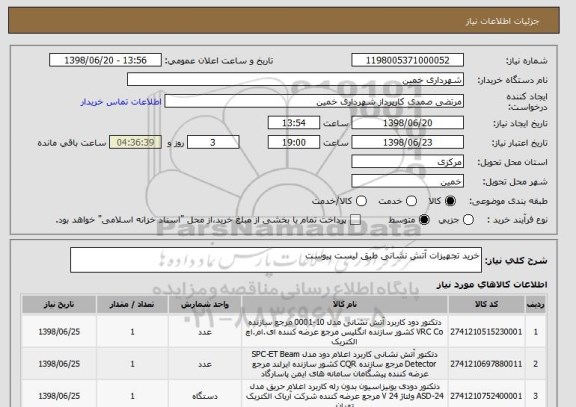 استعلام خرید تجهیزات آتش نشانی طبق لیست پیوست
