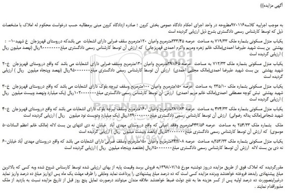 مزایده، مزایده فروش یکباب منزل مسکونی بشماره ملک 719/33 به مساحت عرصه 233/45مترمربع