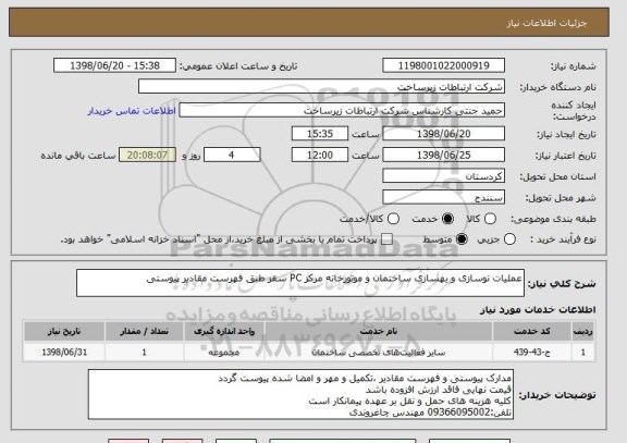 استعلام عملیات نوسازی و بهسازی ساختمان و موتورخانه مرکز PC سقز طبق فهرست مقادیر پیوستی