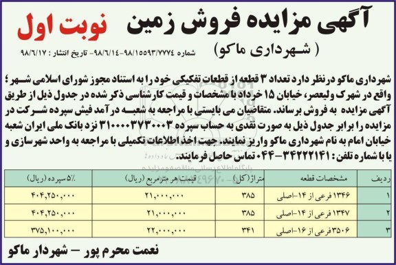 مزایده ، مزایده فروش 4 قطعه از قطعات تفکیکی نوبت دوم 