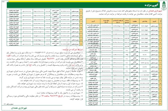 آگهی مزایده ،مزایده فروش املاک کاربری زمین مسکونی