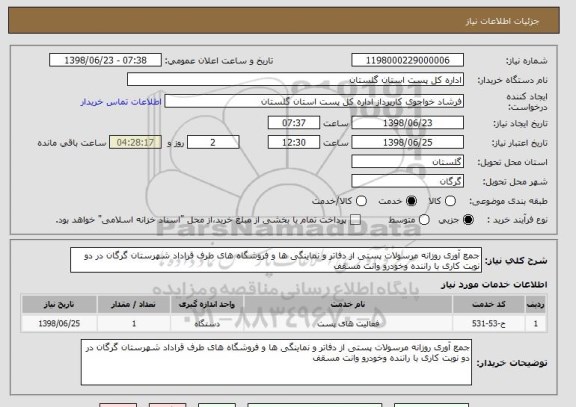 استعلام جمع آوری روزانه مرسولات پستی از دفاتر و نماینگی ها و فروشگاه های طرف قراداد شهرستان گرگان در دو نوبت کاری با راننده وخودرو وانت مسقف