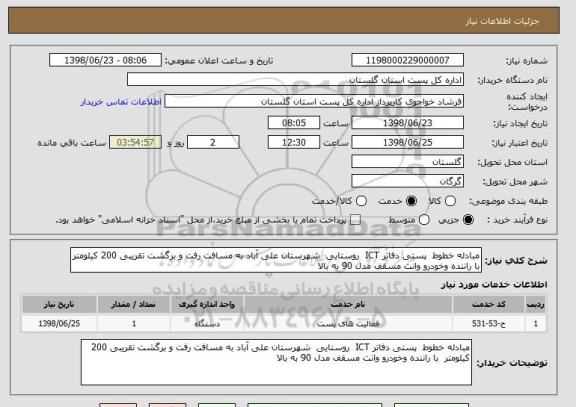 استعلام مبادله خطوط  پستی دفاتر ICT  روستایی  شهرستان علی آباد به مسافت رفت و برگشت تقریبی 200 کیلومتر  با راننده وخودرو وانت مسقف مدل 90 به بالا