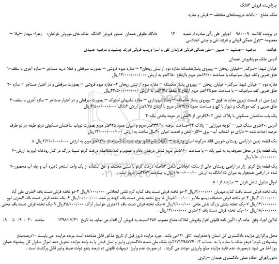 مزایده، مزایده فروش 6 دانگ ملک مشاع  - باغات درروستاهای مختلف – فرش و مغازه