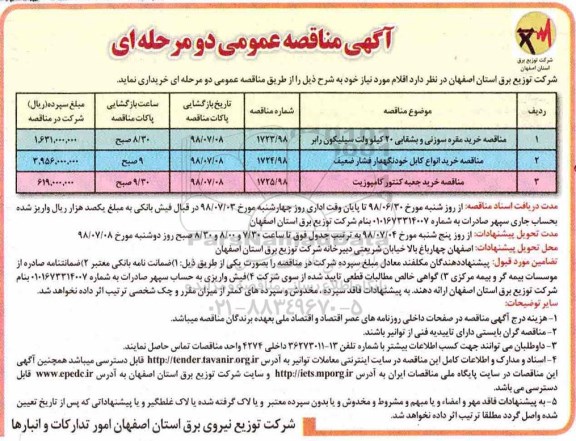 آگهی مناقصه عمومی, مناقصه خرید مقره سوزنی و بشقابی...