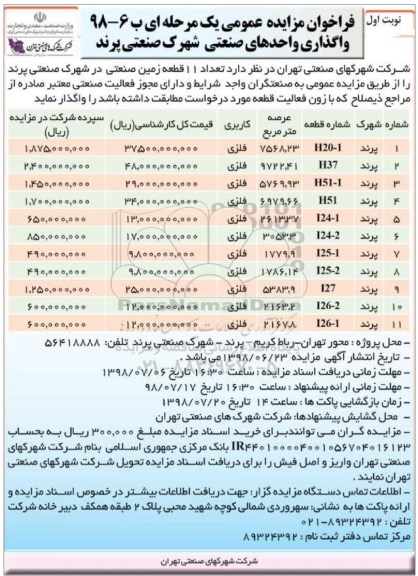 فراخوان مزایده عمومی ، فراخوان مزایده 11 قطعه زمین صنعتی 