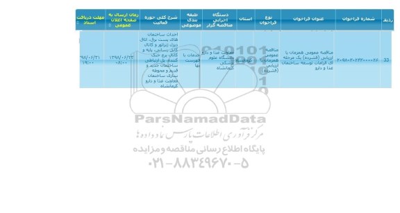 مناقصه, مناقصه عمومی الزامات توسعه ساختمان غذا و دارو 