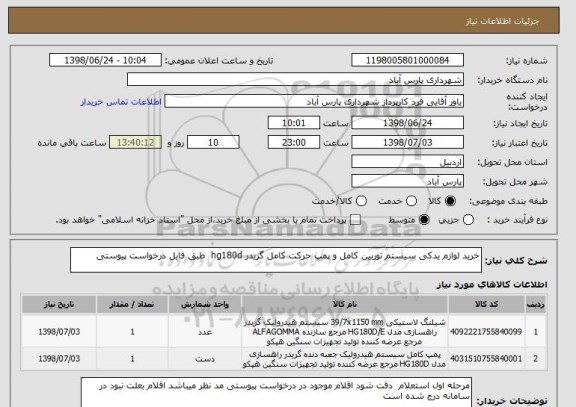 استعلام خرید لوازم یدکی سیستم توربین کامل و پمپ حرکت کامل گریدر hg180d  طبق فایل درخواست پیوستی