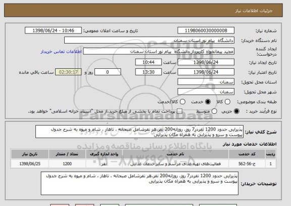 استعلام پذیرایی حدود 1200 نفردر7 روز، روزانه200 نفر،هر نفرشامل صبحانه ، ناهار ، شام و میوه به شرح جدول پیوست و سرو و پذیرایی به همراه مکان پذیرایی 