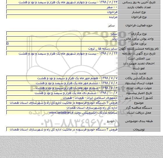 فروش ۳ دستگاه خودرو فرسوده در مالکیت اداره کل راه و شهرسازی استان همدان