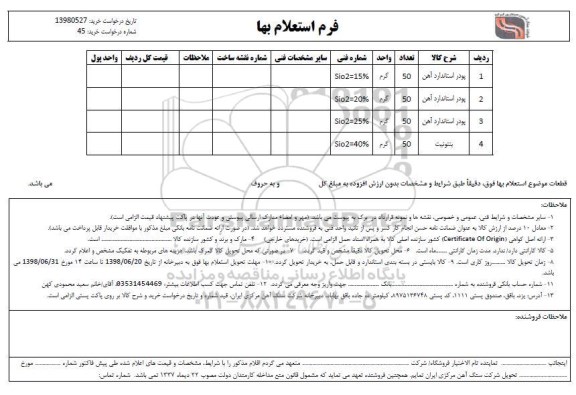 استعلام , استعلام پودر استاندارد آهن 