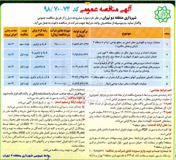 آگهی مناقصه عمومی , مناقصه عملیات مرمت و نگهداری معابر اصلی و...