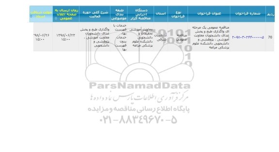 آگهی مناقصه عمومی , مناقصه واگذاری طبخ و پخش غذای دانشجویان