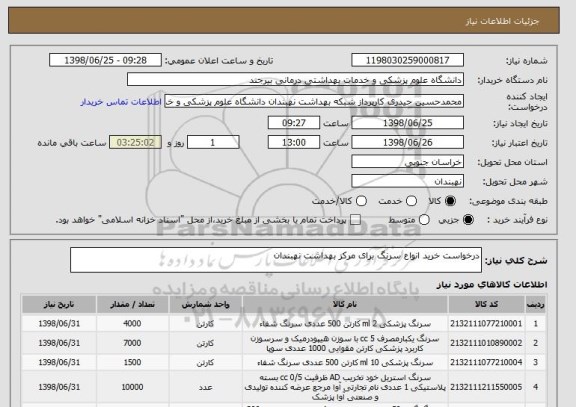 استعلام درخواست خرید انواع سرنگ برای مرکز بهداشت نهبندان