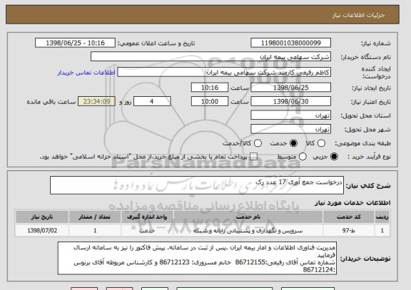 استعلام درخواست جمع آوری 17 عدد رک