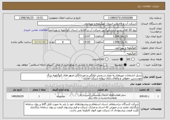 استعلام تبدیل انشعابات غیرمجاز به مجاز در بخش خانگی و غیرخانگی شهر های کهگیلویه بزرگ 
موسسین حقوقی و وکلای دارای پروانه شرکت نمایند.