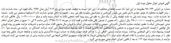 مزایده، مزایده فروش خودرو سواری پژو 206 آریان مدل 1386 