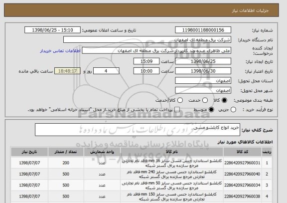 استعلام خرید انواع کابلشو مسی