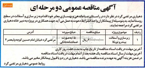 مناقصه عمومی, مناقصه زیرسازی و آسفالت بیندر و توپکا 
