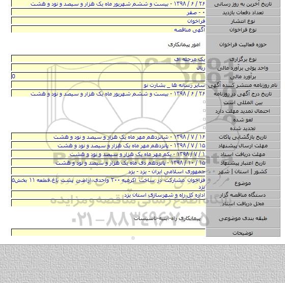 فراخوان مشارکت در ساخت اکرمیه ۲۰۰ واحدی٬اراضی پشت باغ٬قطعه ۱۱ بخش۵ یزد