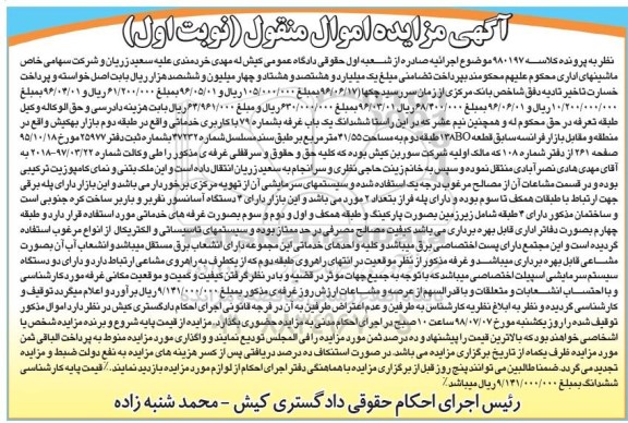 مزایده ،مزایده ششدانگ یکباب غرفه 41.55 مترمربع نوبت اول