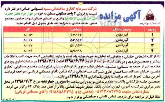 مزایده ، مزایده فروش 4 واحد مسکونی 