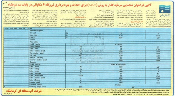 آگهی فراخوان شناسایی , فراخوان شناسایی سرمایه گذار به روش B.O.T برای احداث و بهره برداری نیروگاه نوبت دوم 